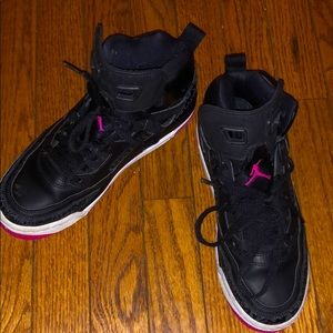 Air Jordan black white and hot pink sneakers